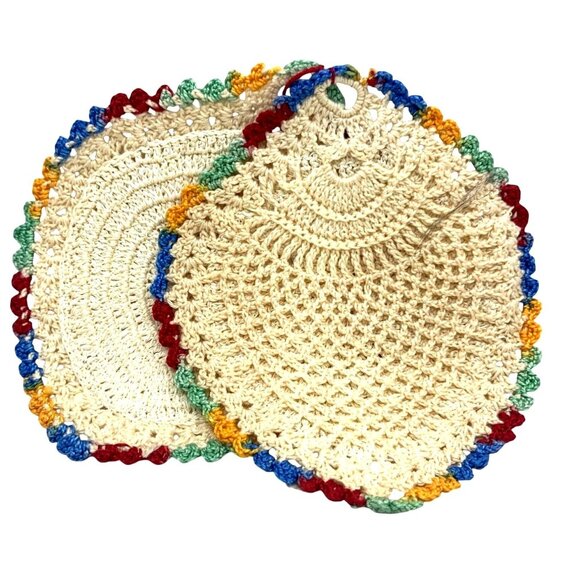 2 Crochet Rainbow Edge Doily Table Place Mat Trivet Coaster Hot Pad Pot Holder - Picture 1 of 11
